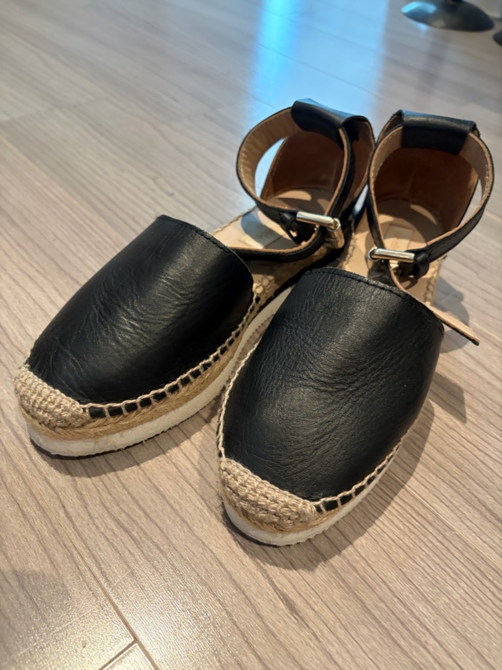 See By Chloé Black Leather Espadrille Ankle-Strap Flats size 36